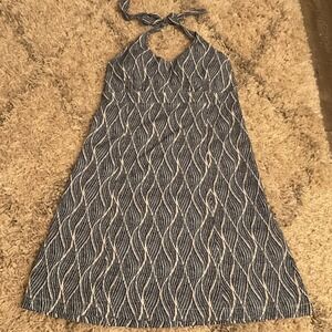 Krimson Klover Blue White Wavy Leaf Print Halter Mini Dress Womens Medium